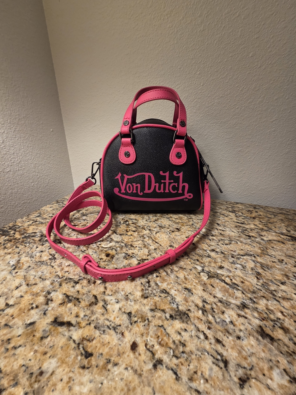 Von Dutch Black with Hot Pink Trim Mini Dome Crossbody